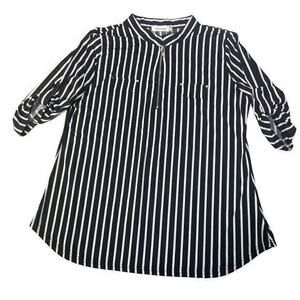Ninedaily Blouse Black White Stripe 3/4 Sleeve Button Zipper Front Plus Size 2XL